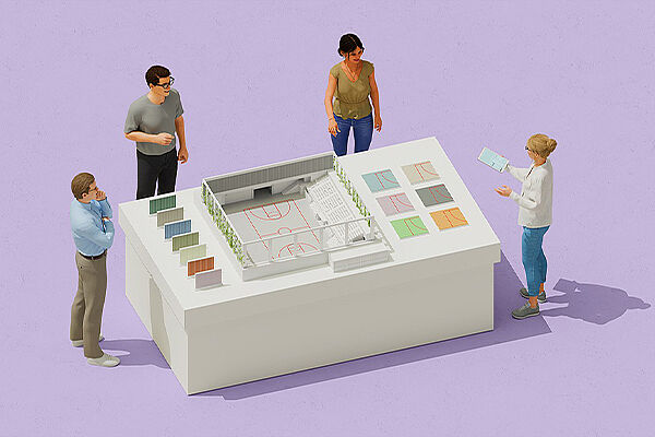 Illustration: 4 Personen - Architektin, Bauherrin, Tragwerksplaner, TGA-ler - stehen um einen Tisch und besprechen anhand eines Sporthallenmodells verschiedene Bemusterungen für das Projekt