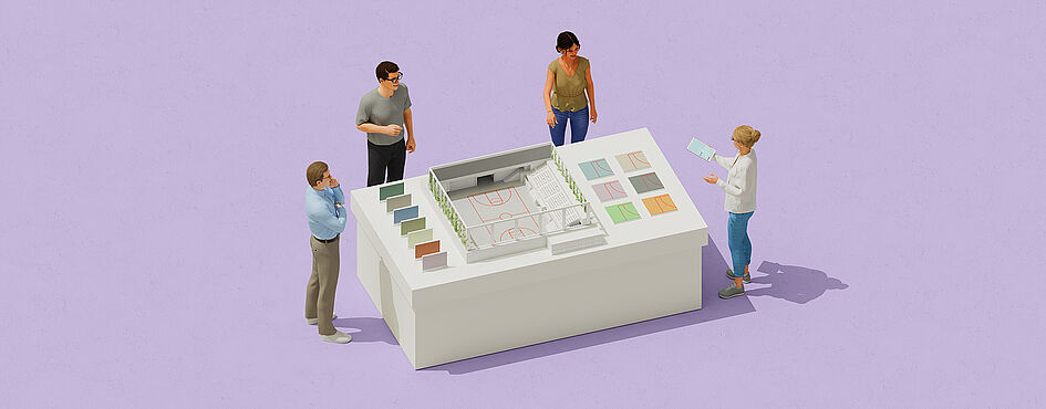 Illustration: 4 Personen - Architektin, Bauherrin, Tragwerksplaner, TGA-ler - stehen um einen Tisch und besprechen anhand eines Sporthallenmodells verschiedene Bemusterungen für das Projekt